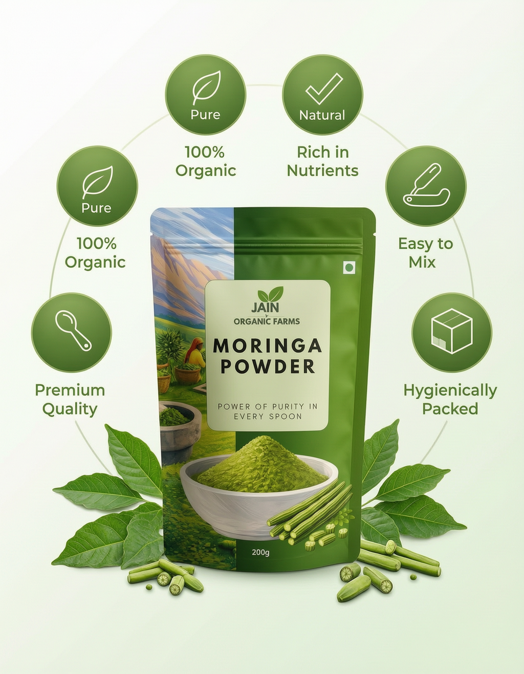 Jain Organic Farms Pure Moringa Oleifera Leaf Powder (200g/Pack Size) – Natural Green Superfood for Daily Energy, Digestion & Immunity | 100% Chemical-Free, Lab Tested, Non-GMO & No Added Sugar