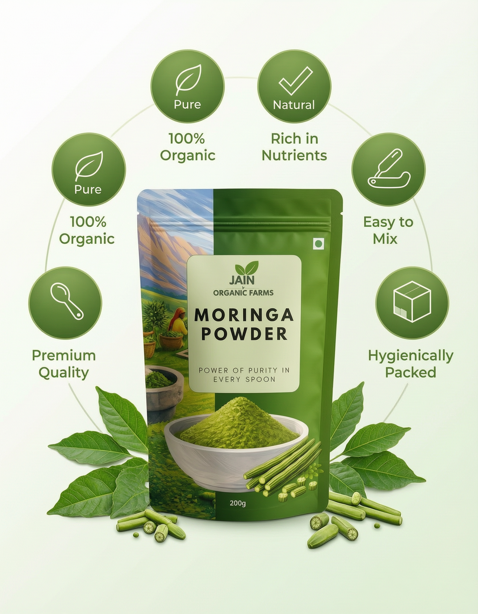 Jain Organic Farms Pure Moringa Oleifera Leaf Powder (200g/Pack Size) – Natural Green Superfood for Daily Energy, Digestion & Immunity | 100% Chemical-Free, Lab Tested, Non-GMO & No Added Sugar