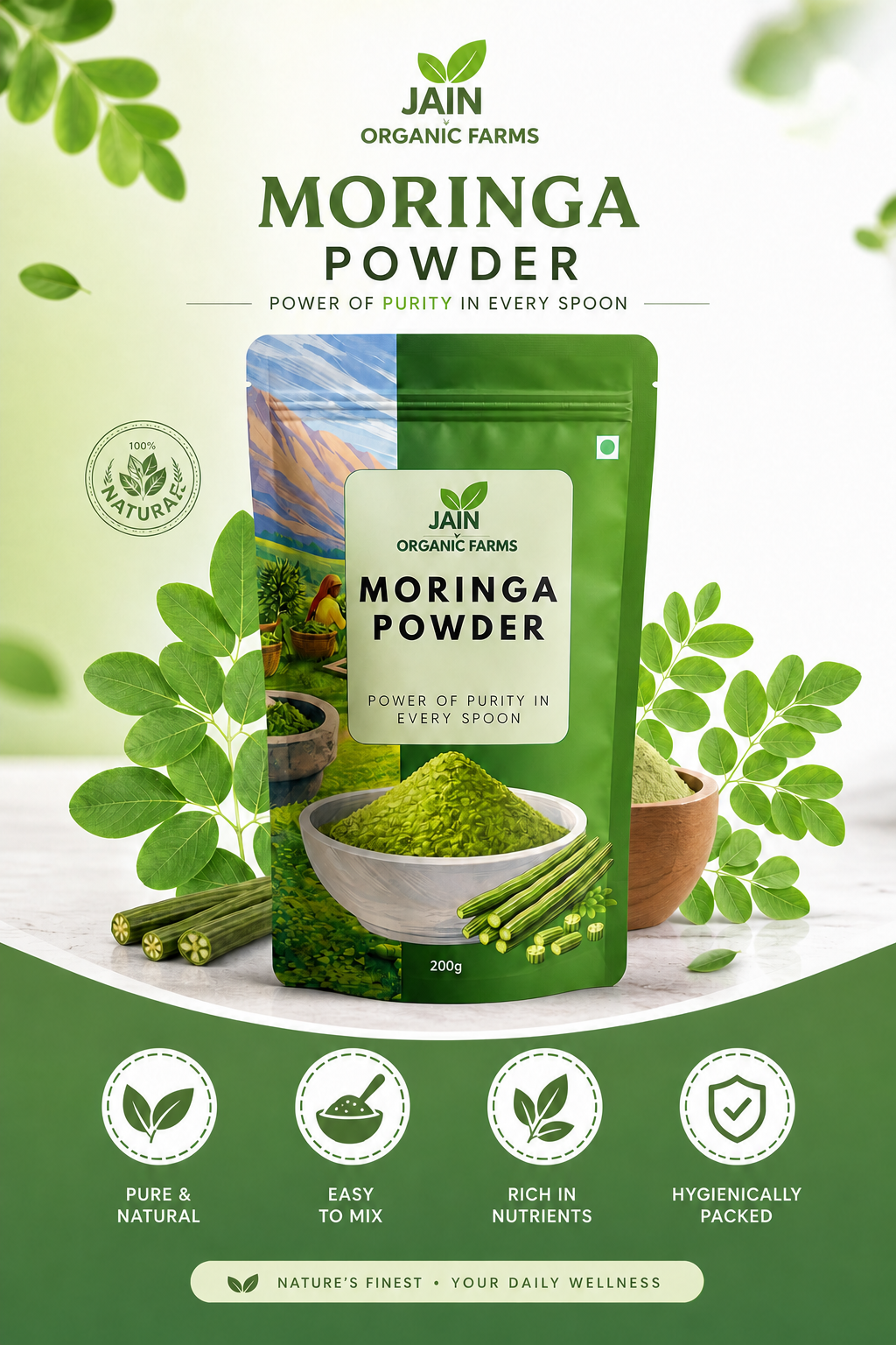 Jain Organic Farms Pure Moringa Oleifera Leaf Powder (200g/Pack Size) – Natural Green Superfood for Daily Energy, Digestion & Immunity | 100% Chemical-Free, Lab Tested, Non-GMO & No Added Sugar
