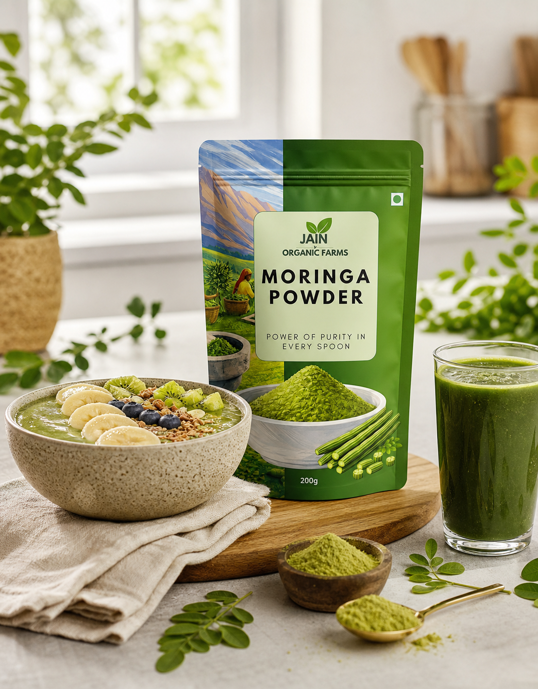 Jain Organic Farms Pure Moringa Oleifera Leaf Powder (200g/Pack Size) – Natural Green Superfood for Daily Energy, Digestion & Immunity | 100% Chemical-Free, Lab Tested, Non-GMO & No Added Sugar
