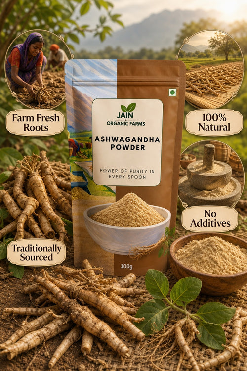 Jain Organic Farms Pure Ashwagandha Powder (100g) – Natural Withania Somnifera Root Powder for Daily Wellness, Stress Support & Vitality | 100% Pure, Chemical-Free, Lab Tested & No Added Sugar