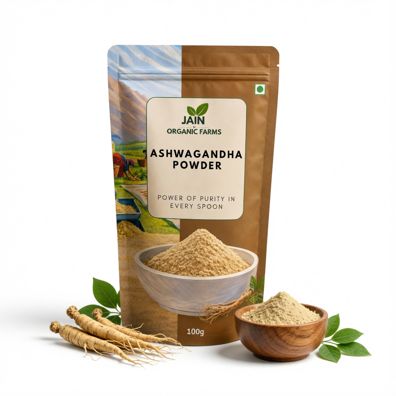 Jain Organic Farms Pure Ashwagandha Powder (100g) – Natural Withania Somnifera Root Powder for Daily Wellness, Stress Support & Vitality | 100% Pure, Chemical-Free, Lab Tested & No Added Sugar