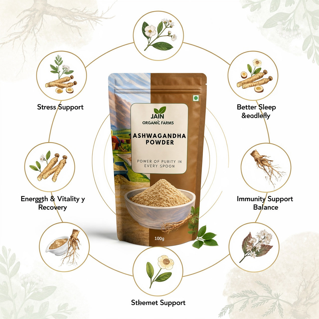 Jain Organic Farms Pure Ashwagandha Powder (100g) – Natural Withania Somnifera Root Powder for Daily Wellness, Stress Support & Vitality | 100% Pure, Chemical-Free, Lab Tested & No Added Sugar