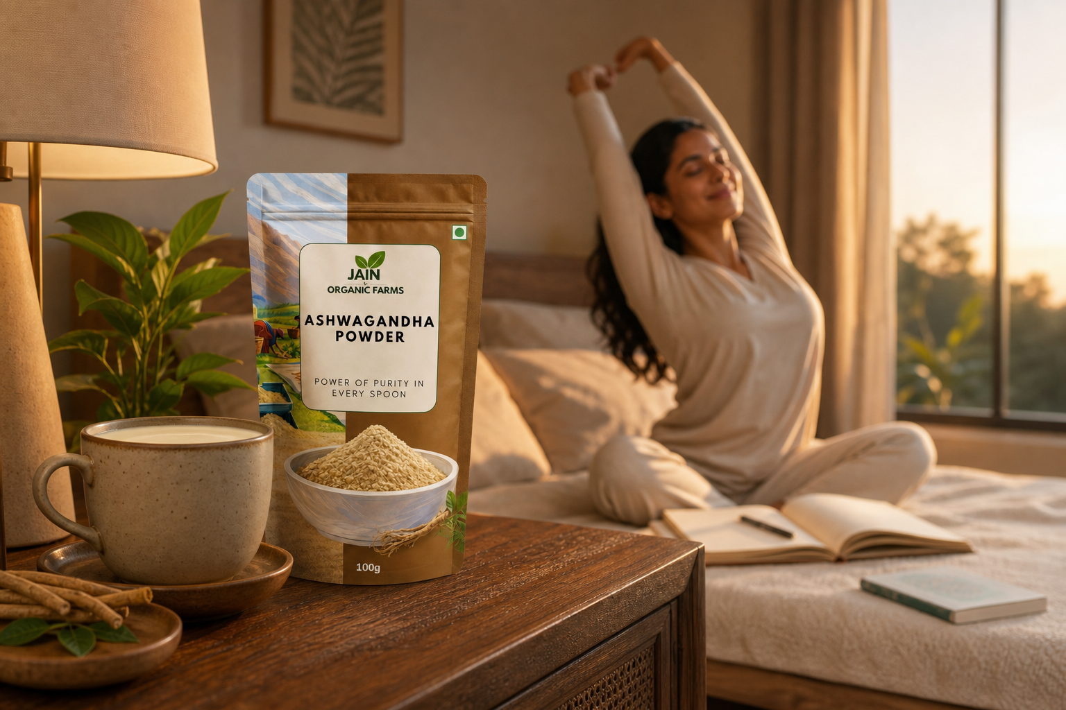 Jain Organic Farms Pure Ashwagandha Powder (100g) – Natural Withania Somnifera Root Powder for Daily Wellness, Stress Support & Vitality | 100% Pure, Chemical-Free, Lab Tested & No Added Sugar
