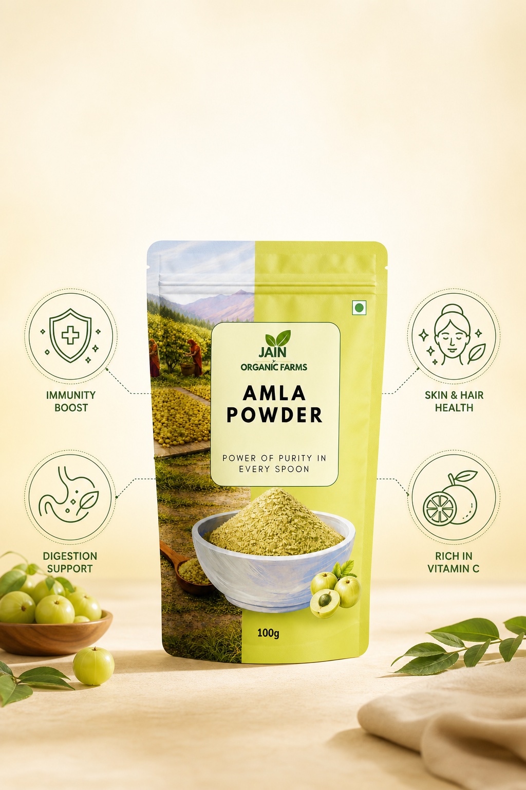 Jain Organic Farms Pure Amla Powder (100g) – Indian Gooseberry Fruit Powder Rich in Natural Plant Nutrients for Digestion, Hair & Skin Wellness | 100% Pure, Chemical-Free, Lab Tested & No Added Sugar