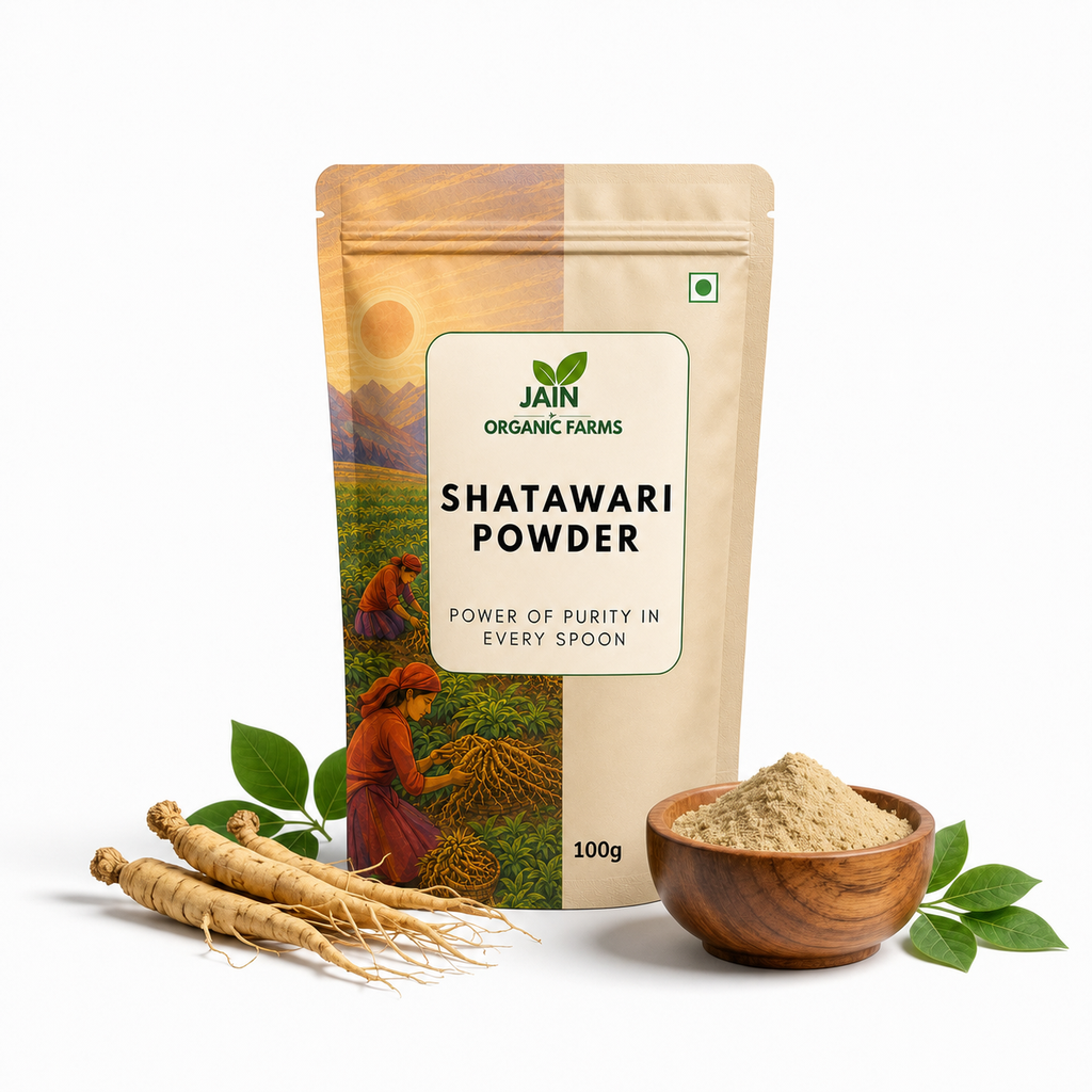Jain Organic Farms Pure Shatavari Powder (100g) – Natural Asparagus Racemosus Root Powder for Women’s Wellness, Digestion & Daily Vitality | 100% Pure, Chemical-Free, Lab Tested & No Added Sugar