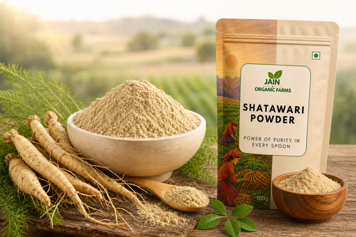 Jain Organic Farms Pure Shatavari Powder (100g) – Natural Asparagus Racemosus Root Powder for Women’s Wellness, Digestion & Daily Vitality | 100% Pure, Chemical-Free, Lab Tested & No Added Sugar