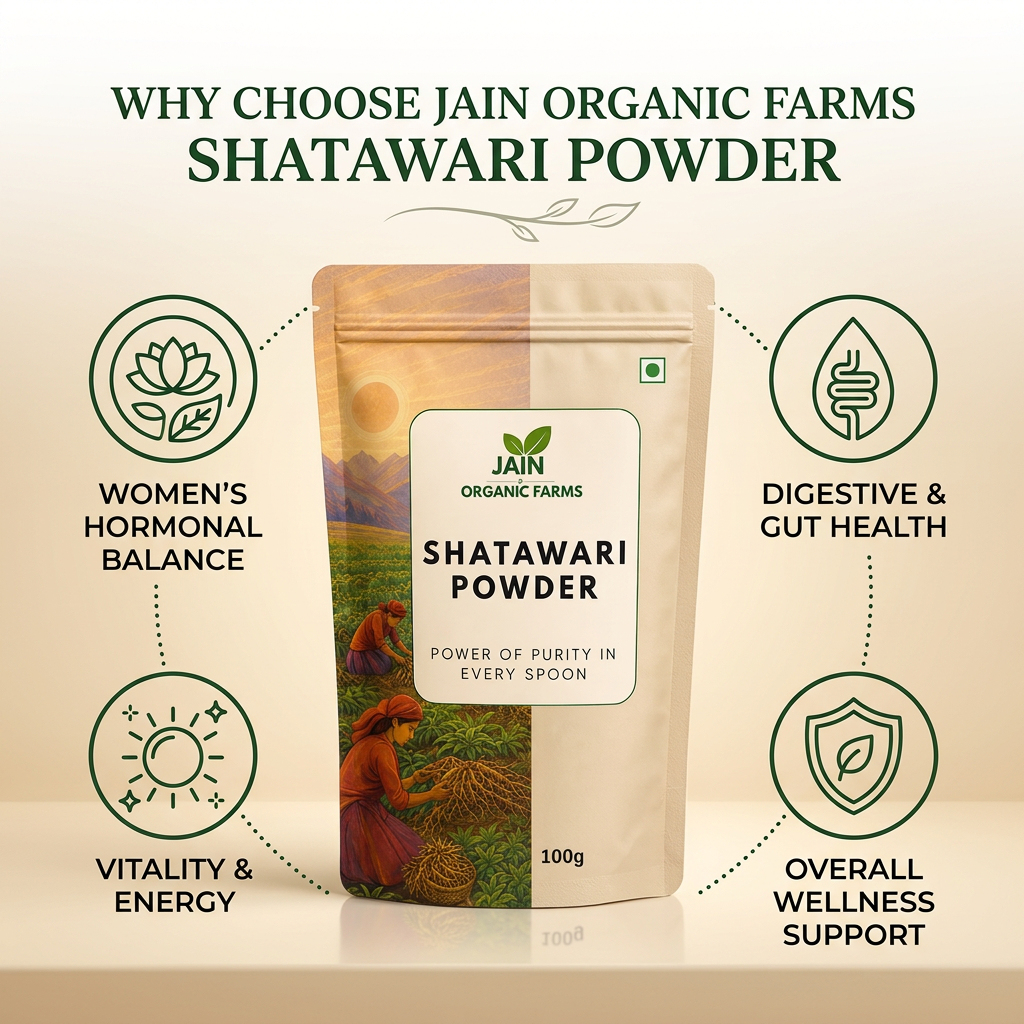 Jain Organic Farms Pure Shatavari Powder (100g) – Natural Asparagus Racemosus Root Powder for Women’s Wellness, Digestion & Daily Vitality | 100% Pure, Chemical-Free, Lab Tested & No Added Sugar