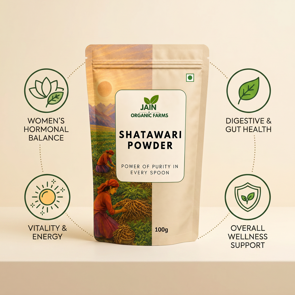 Jain Organic Farms Pure Shatavari Powder (100g) – Natural Asparagus Racemosus Root Powder for Women’s Wellness, Digestion & Daily Vitality | 100% Pure, Chemical-Free, Lab Tested & No Added Sugar
