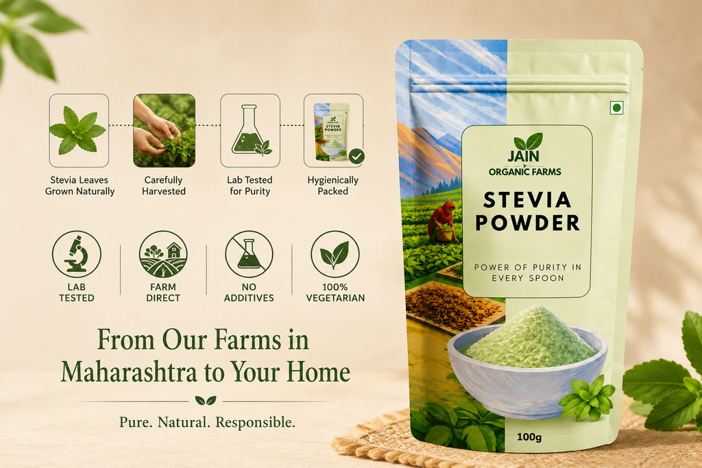 Jain Organic Farms Pure Stevia Leaf Powder (100g) – Natural Plant-Based Sweetener for Tea, Coffee, Smoothies & Beverages | Zero Added Sugar, Chemical-Free, Lab Tested & Non-GMO