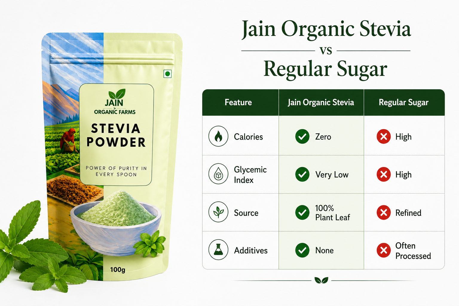 Jain Organic Farms Pure Stevia Leaf Powder (100g) – Natural Plant-Based Sweetener for Tea, Coffee, Smoothies & Beverages | Zero Added Sugar, Chemical-Free, Lab Tested & Non-GMO