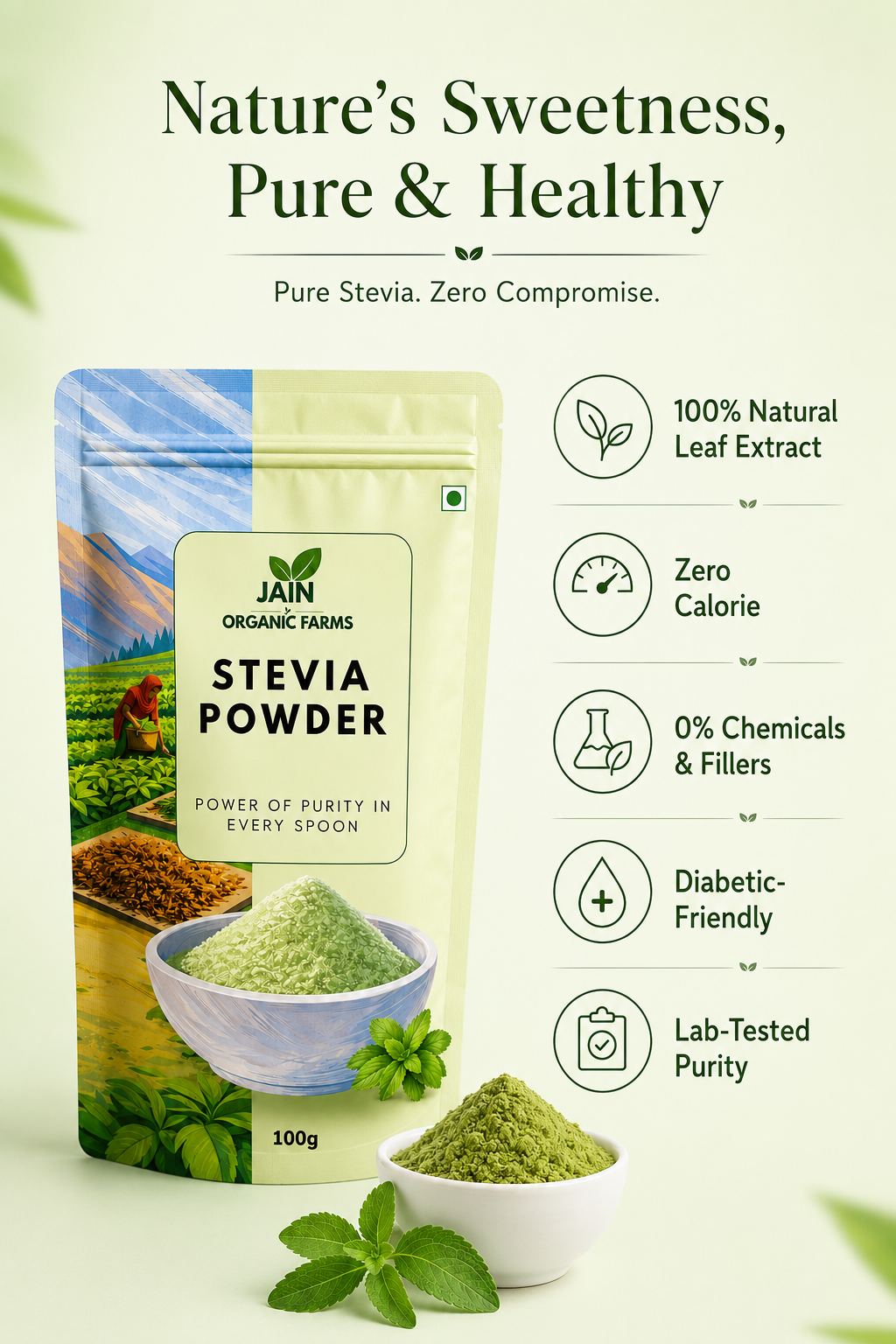 Jain Organic Farms Pure Stevia Leaf Powder (100g) – Natural Plant-Based Sweetener for Tea, Coffee, Smoothies & Beverages | Zero Added Sugar, Chemical-Free, Lab Tested & Non-GMO