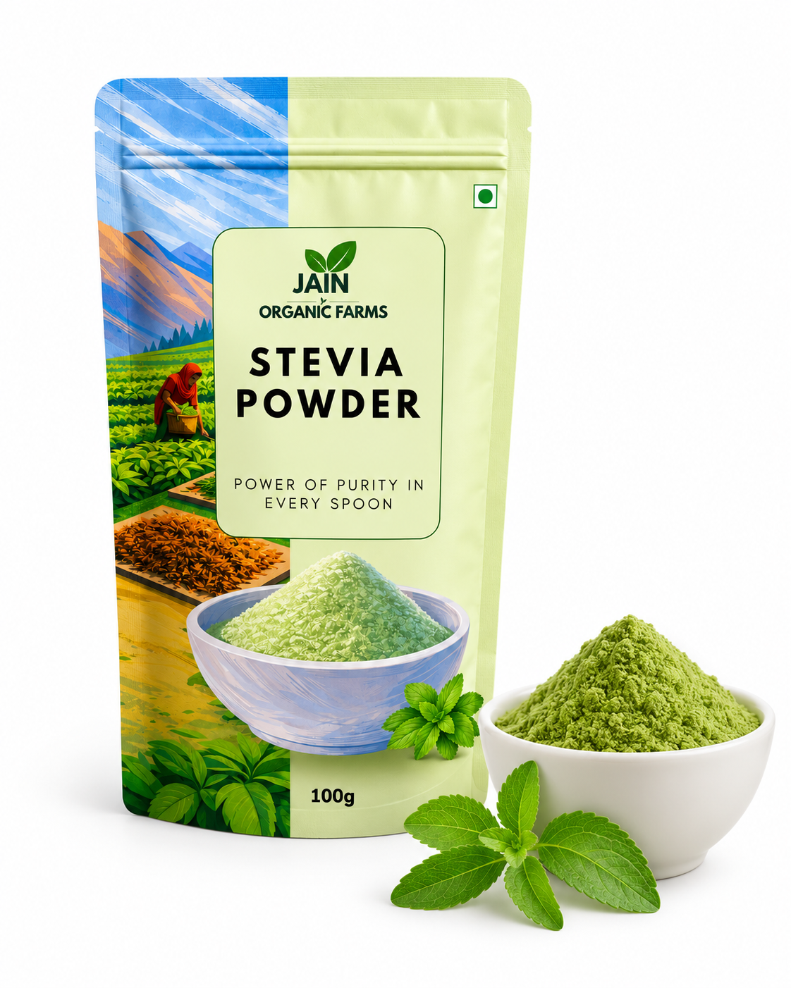 Jain Organic Farms Pure Stevia Leaf Powder (100g) – Natural Plant-Based Sweetener for Tea, Coffee, Smoothies & Beverages | Zero Added Sugar, Chemical-Free, Lab Tested & Non-GMO