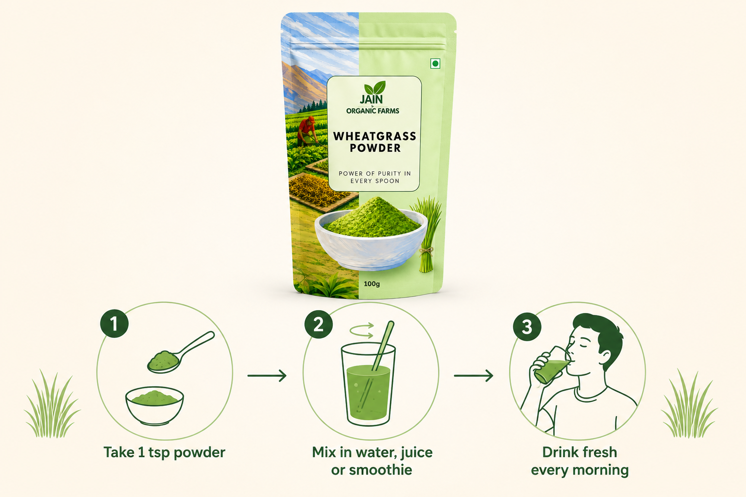Jain Organic Farms Pure Wheatgrass Powder (100g) – Natural Green Superfood Powder for Daily Nutrition, Energy & Digestive Wellness | 100% Pure, Chemical-Free, Lab Tested & No Added Sugar