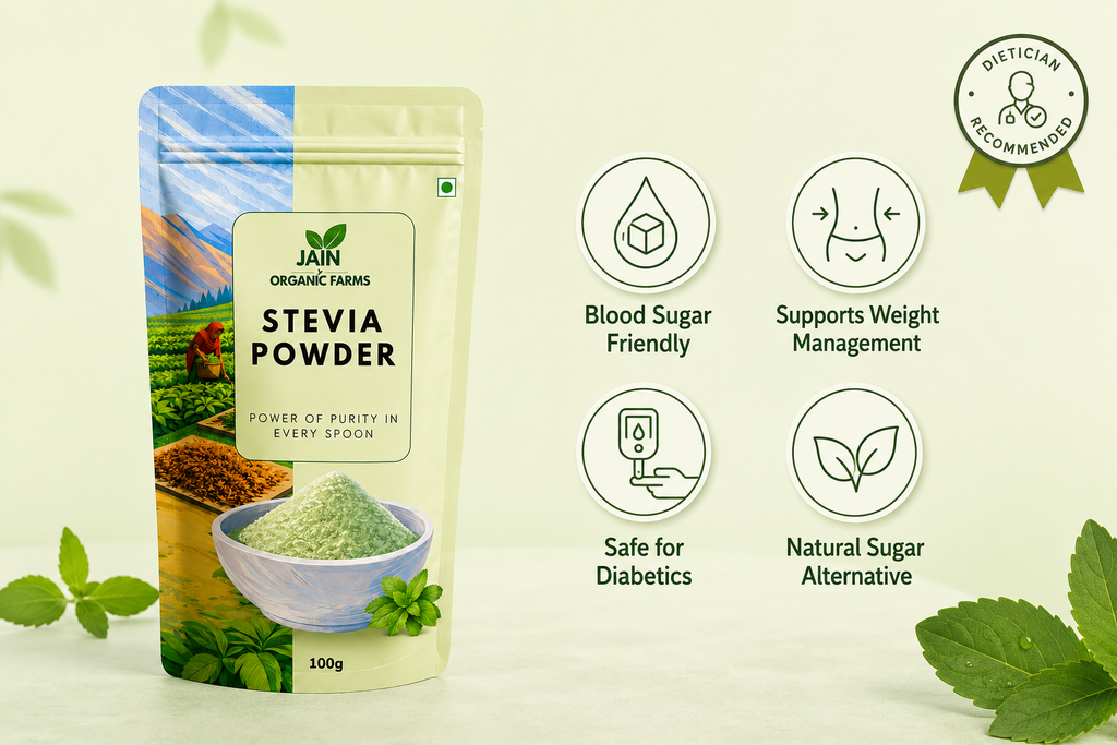 Jain Organic Farms Pure Stevia Leaf Powder (100g) – Natural Plant-Based Sweetener for Tea, Coffee, Smoothies & Beverages | Zero Added Sugar, Chemical-Free, Lab Tested & Non-GMO