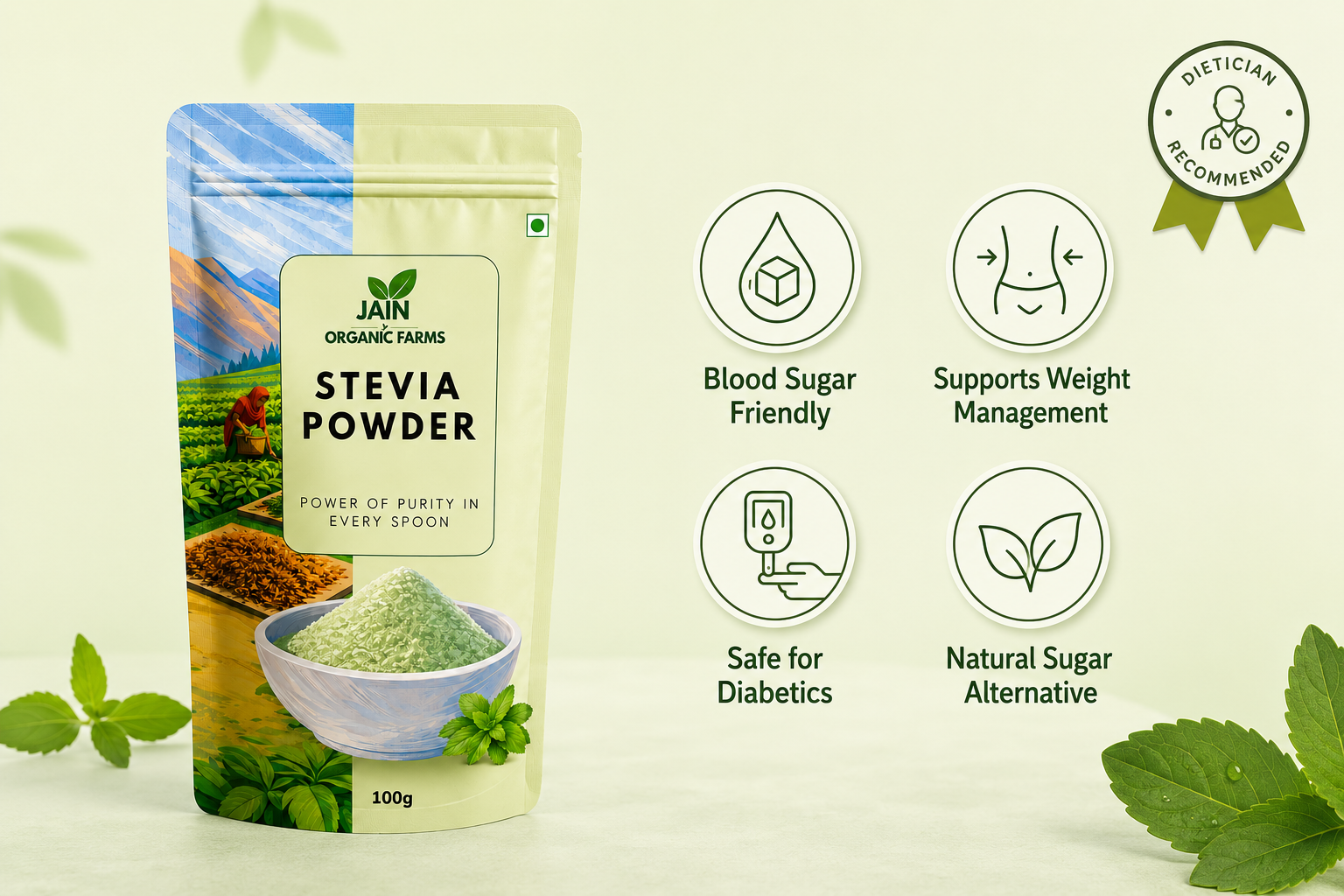Jain Organic Farms Pure Stevia Leaf Powder (100g) – Natural Plant-Based Sweetener for Tea, Coffee, Smoothies & Beverages | Zero Added Sugar, Chemical-Free, Lab Tested & Non-GMO
