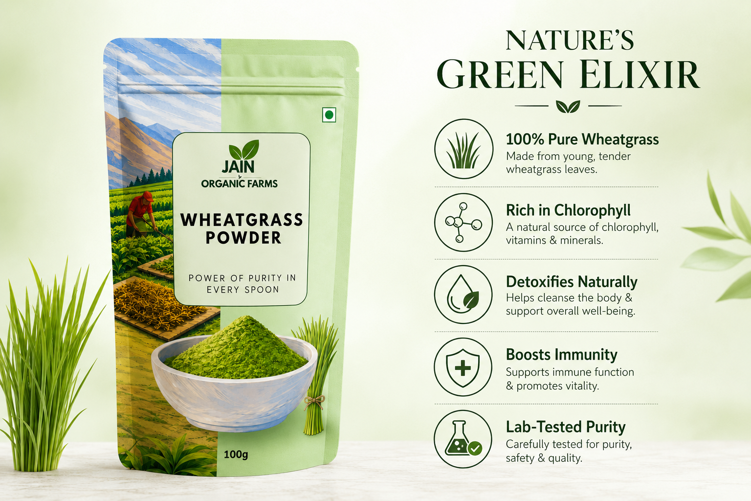Jain Organic Farms Pure Wheatgrass Powder (100g) – Natural Green Superfood Powder for Daily Nutrition, Energy & Digestive Wellness | 100% Pure, Chemical-Free, Lab Tested & No Added Sugar