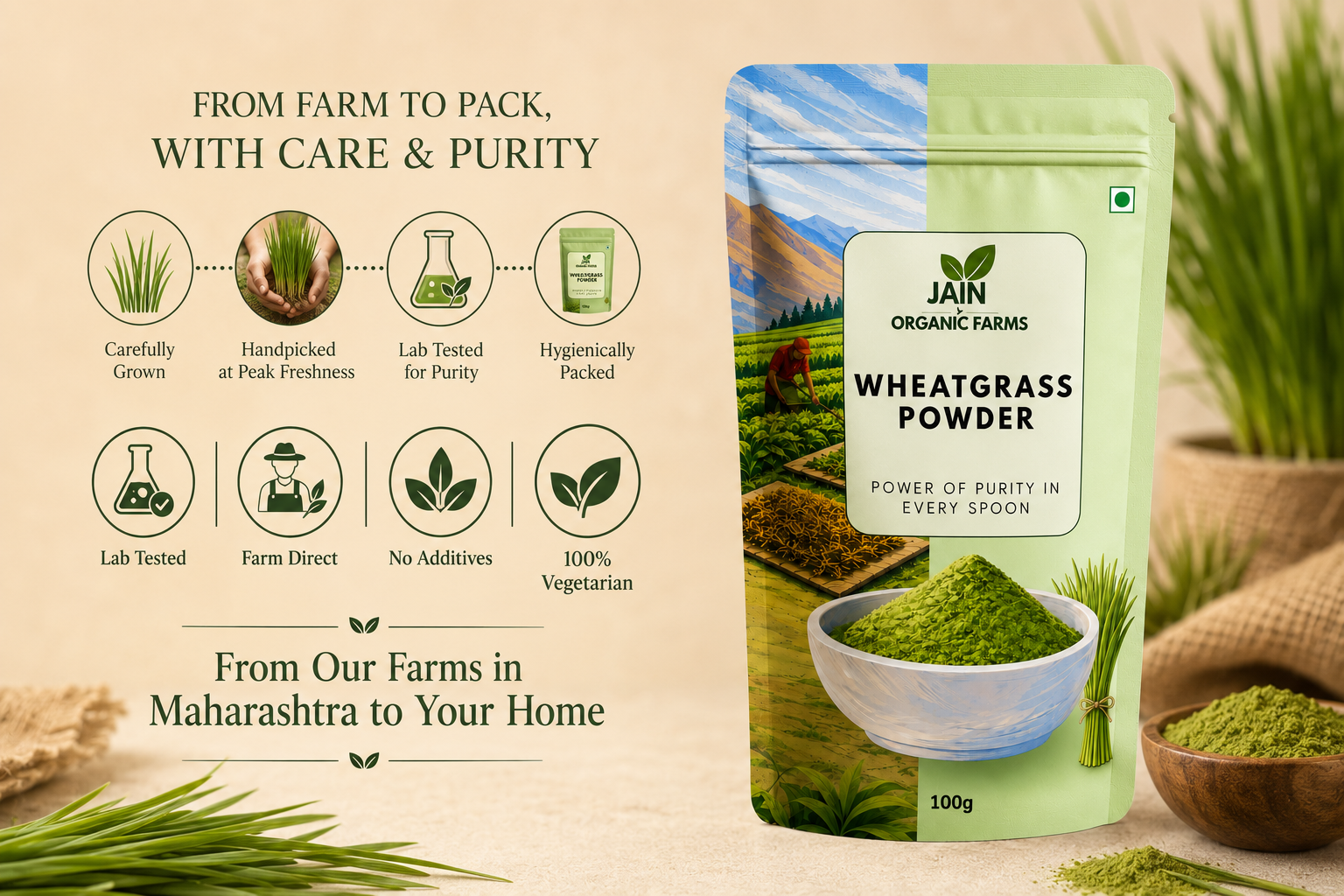 Jain Organic Farms Pure Wheatgrass Powder (100g) – Natural Green Superfood Powder for Daily Nutrition, Energy & Digestive Wellness | 100% Pure, Chemical-Free, Lab Tested & No Added Sugar