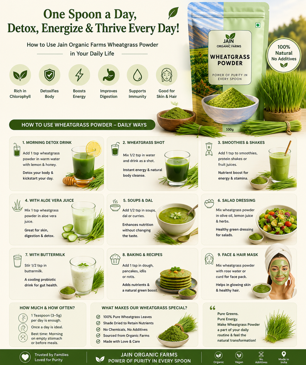 Jain Organic Farms Pure Wheatgrass Powder (100g) – Natural Green Superfood Powder for Daily Nutrition, Energy & Digestive Wellness | 100% Pure, Chemical-Free, Lab Tested & No Added Sugar