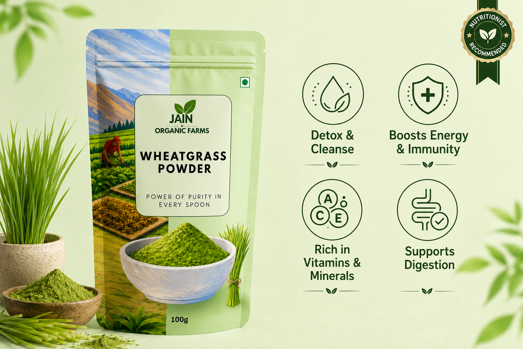 Jain Organic Farms Pure Wheatgrass Powder (100g) – Natural Green Superfood Powder for Daily Nutrition, Energy & Digestive Wellness | 100% Pure, Chemical-Free, Lab Tested & No Added Sugar