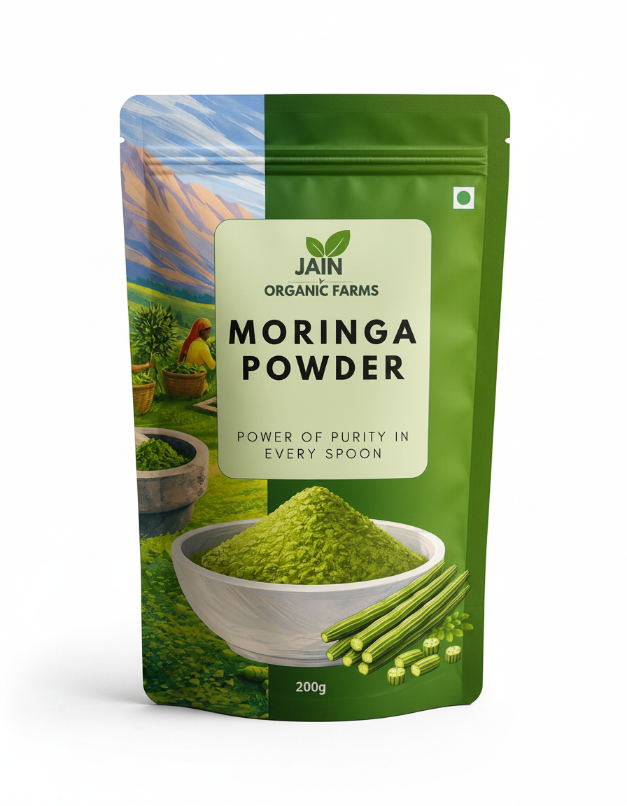 Jain Organic Farms Pure Moringa Oleifera Leaf Powder (200g/Pack Size) – Natural Green Superfood for Daily Energy, Digestion & Immunity | 100% Chemical-Free, Lab Tested, Non-GMO & No Added Sugar