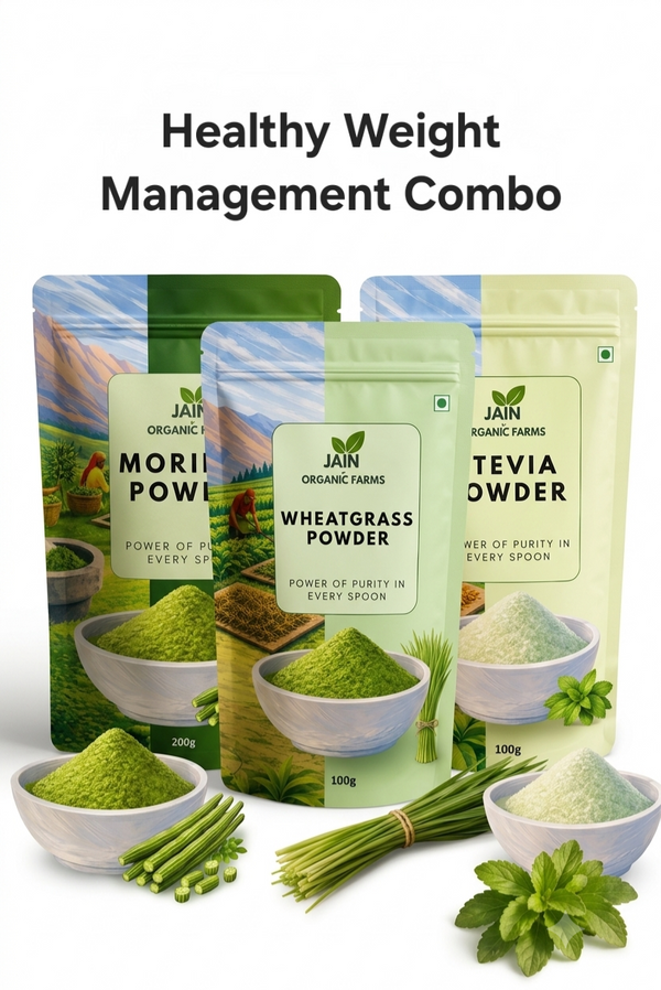 Jain Organic Farms Healthy Weight Management Combo — Moringa, Wheatgrass, and Stevia powders