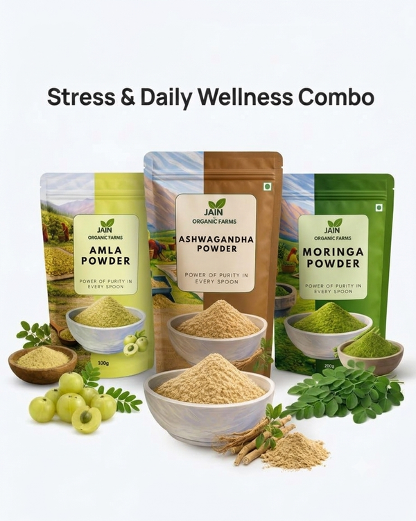 Jain Organic Farms Stress & Daily Wellness Combo — Ashwagandha, Moringa, and Amla powders