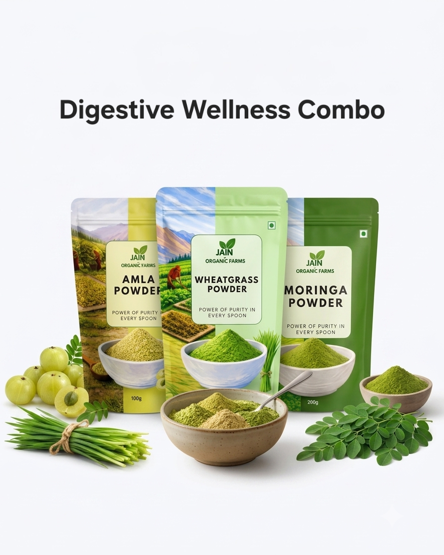 Jain Organic Farms Digestive Wellness Combo — Amla, Wheatgrass, and Moringa powders